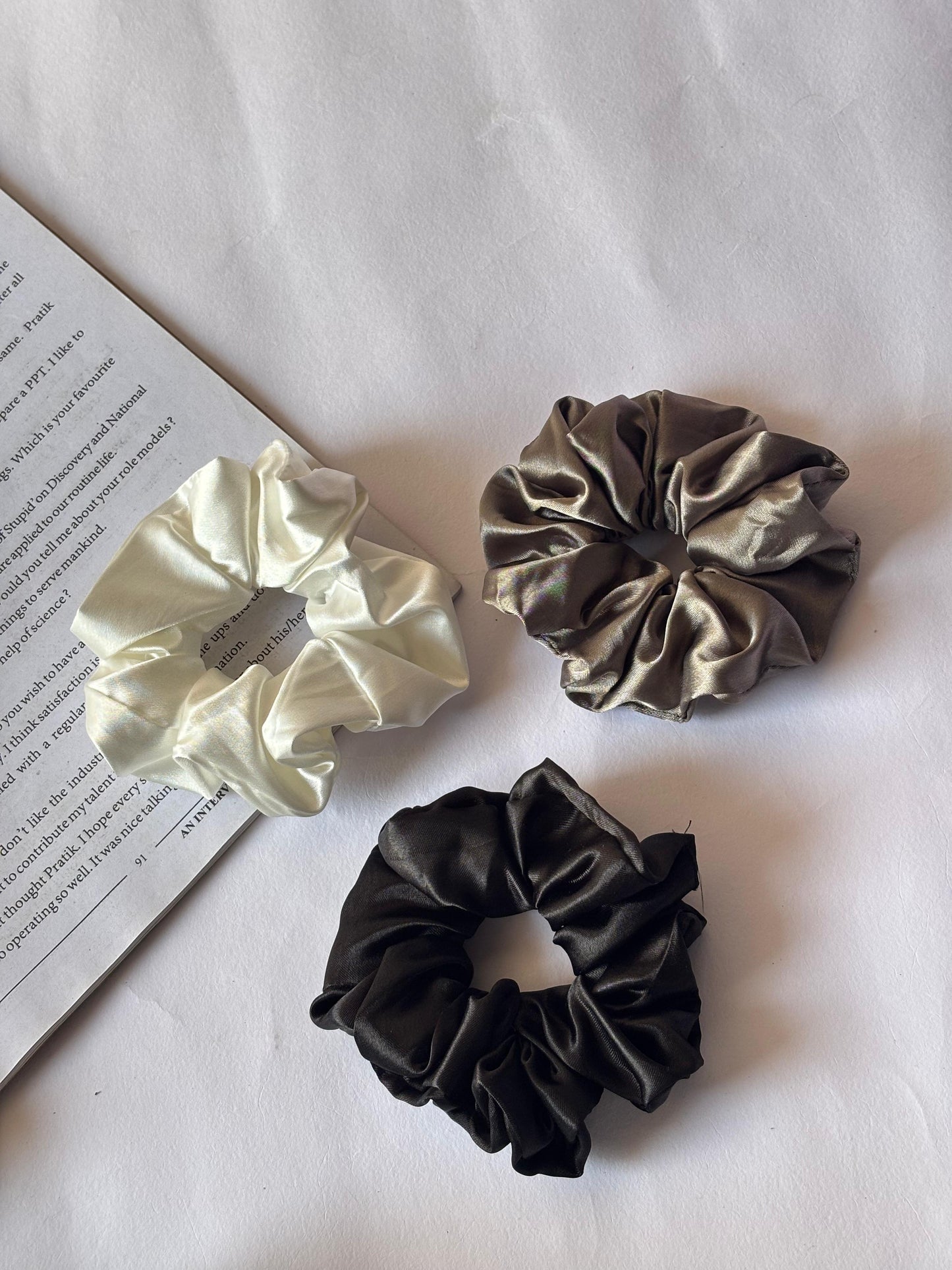Soft Satin Combo Scrunchies – White , Silver , Black