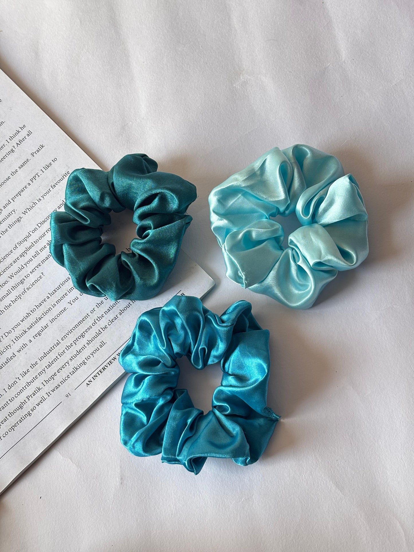 Soft Satin Scrunchies – Teal , Navy Blue , Sky Blue