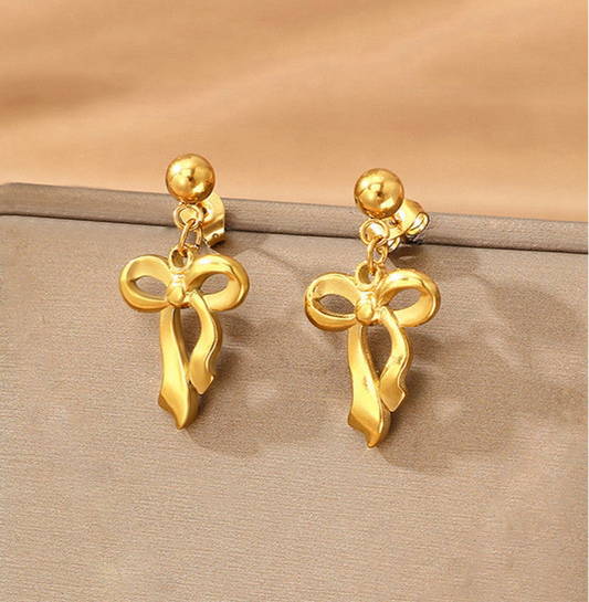 Golden Ribbon Drop Earrings – Waterproof & Anti-Tarnish