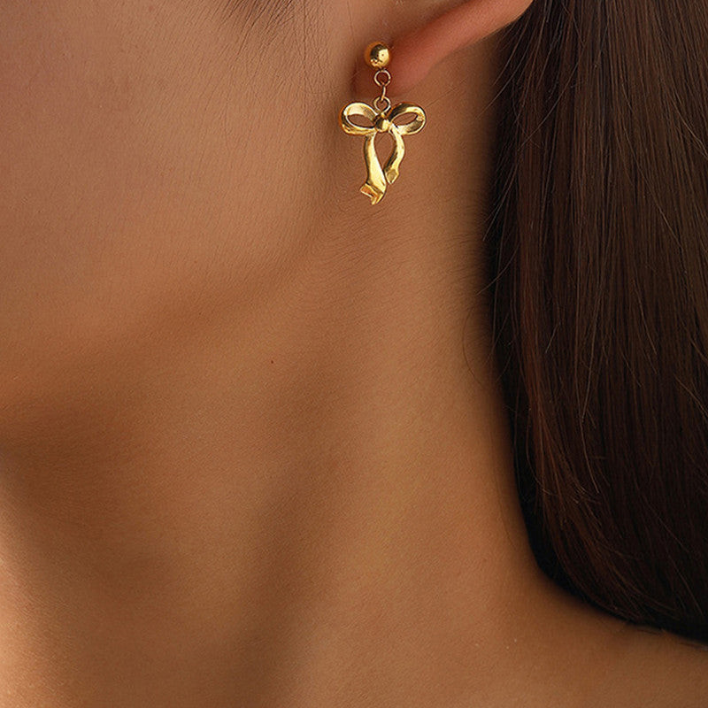 Golden Ribbon Drop Earrings – Waterproof & Anti-Tarnish