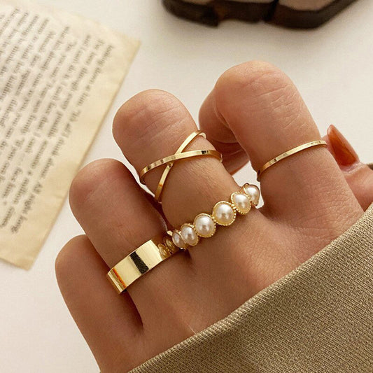 LustreStack Gold & Pearl Ring Set