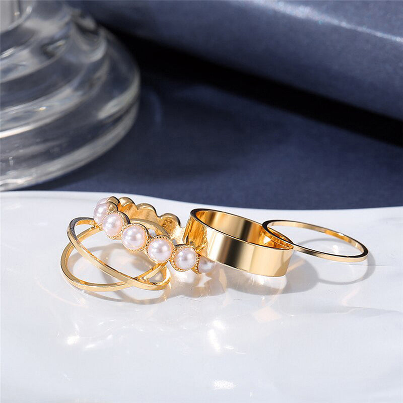 LustreStack Gold & Pearl Ring Set