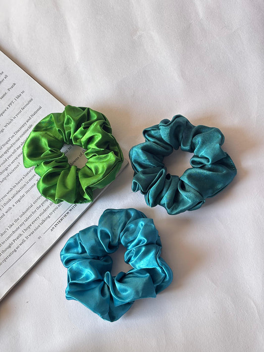 Soft Satin Combo Scrunchies – Green , Navy Blue , Teal