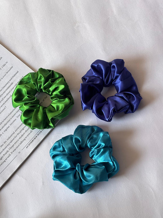 Soft Satin Combo Scrunchies – Green , Navy Blue , Purple