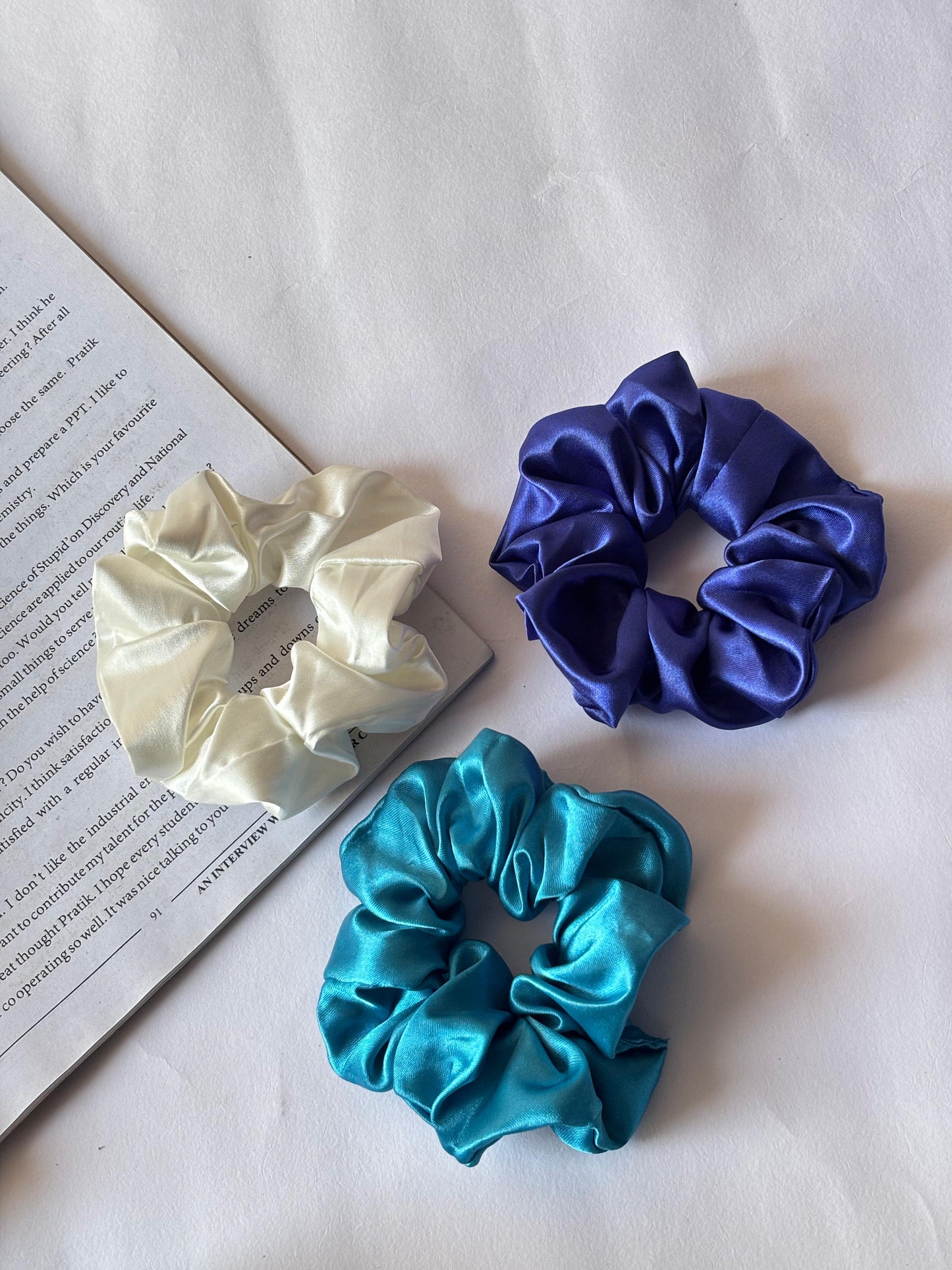 Soft Satin Combo Scrunchies – White , Navy Blue , Purple