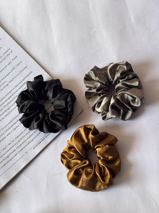 Soft Satin Combo Scrunchies – Black , Silver , Golden