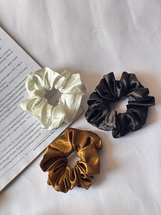 Soft Satin Combo Scrunchies – White , Black , Golden